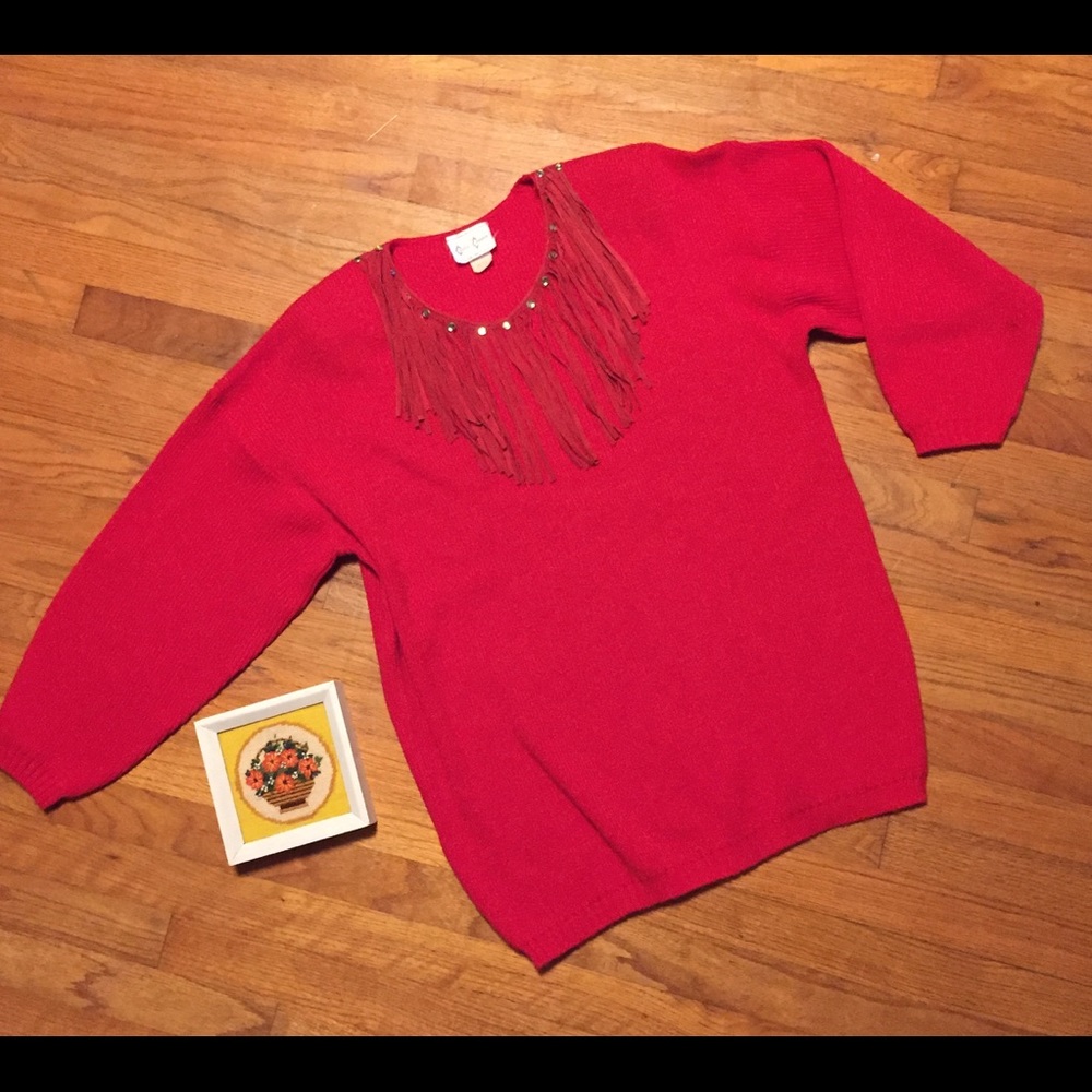 Vintage Red Sweater with Leather Fringe